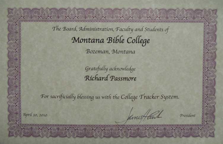 Certificate from MBC acknowledging the importance of CollegeTracker to their college.